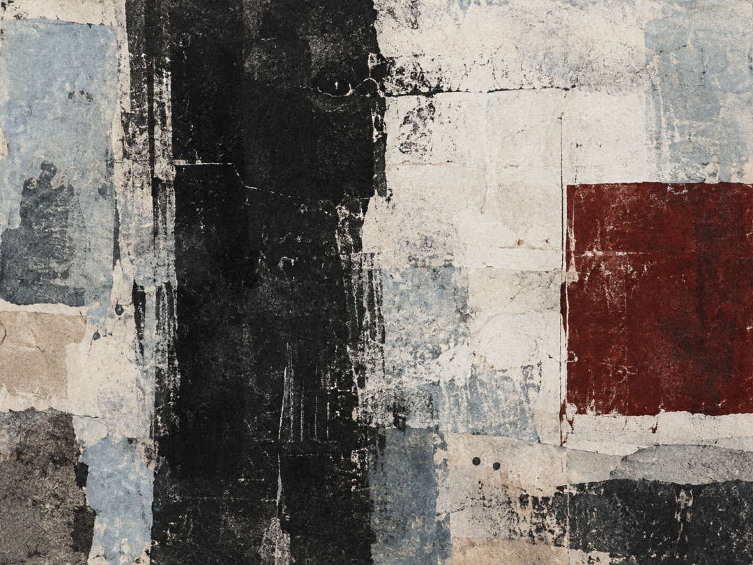 Abstract mixed-media composition with black, pale-blue, ivory and dark-red geometric forms.